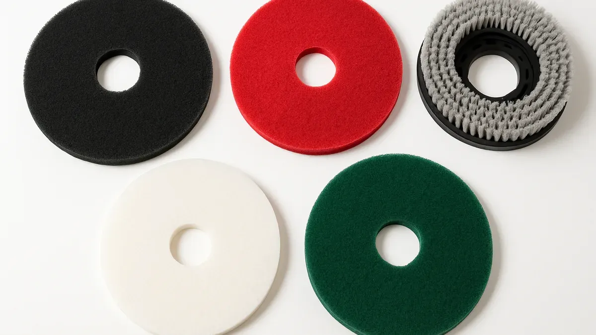 Différents disques et accessoires pour monobrosse professionnelle : noir, rouge, blanc, brosse moquette