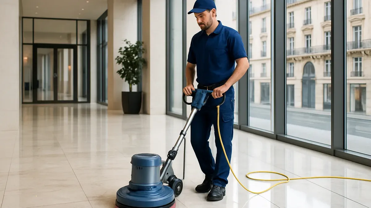 Technicien utilisant une monobrosse professionnelle sur un sol de bureau parisien