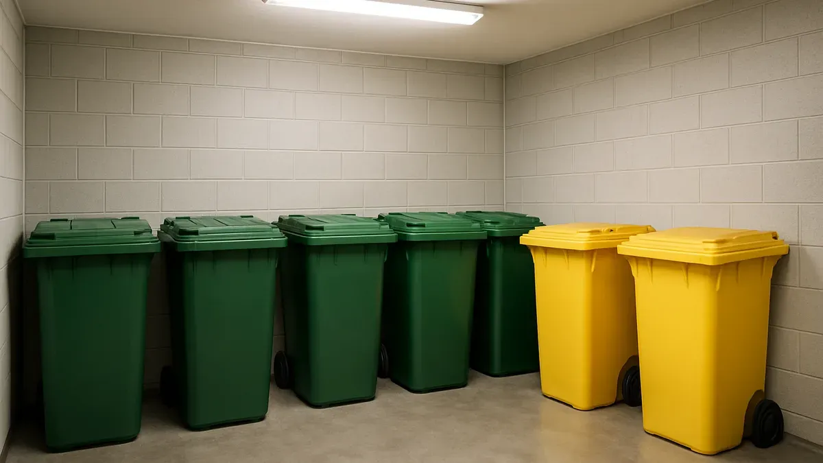 Local poubelles propre et organisé d'une copropriété parisienne avec bacs triés et sol nettoyé