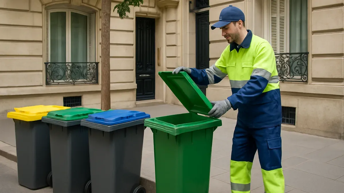 Agent de nettoyage professionnel gérant les bacs à déchets d'une copropriété parisienne
