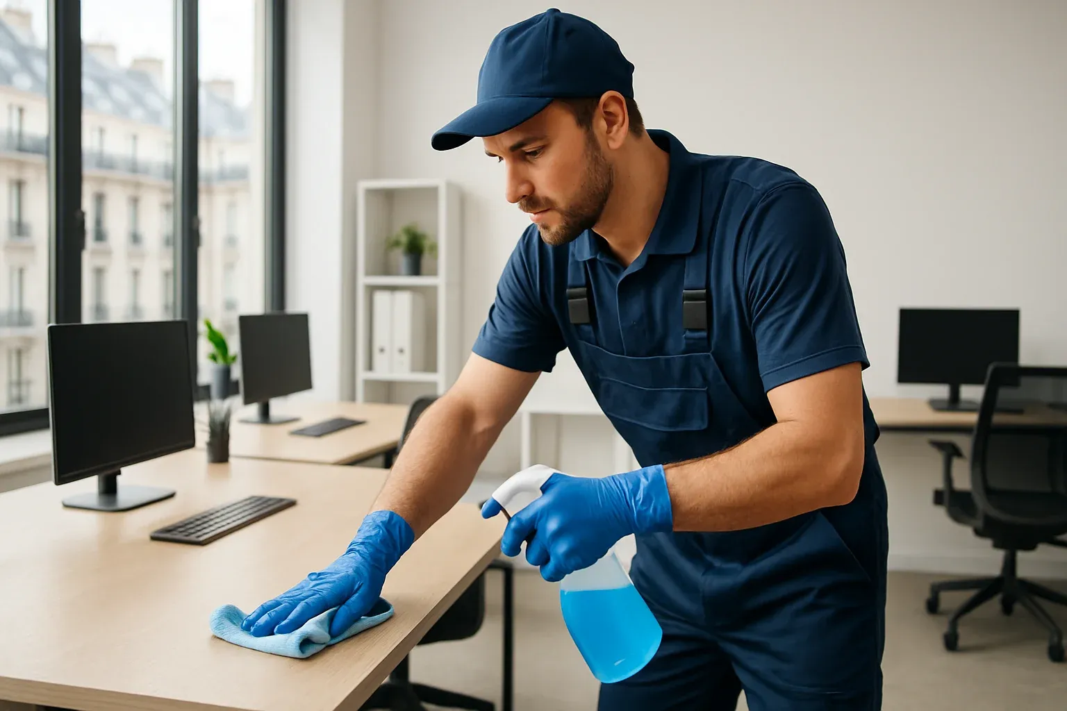 Agent de nettoyage professionnel désinfectant un bureau moderne à Paris avec un chiffon microfibre