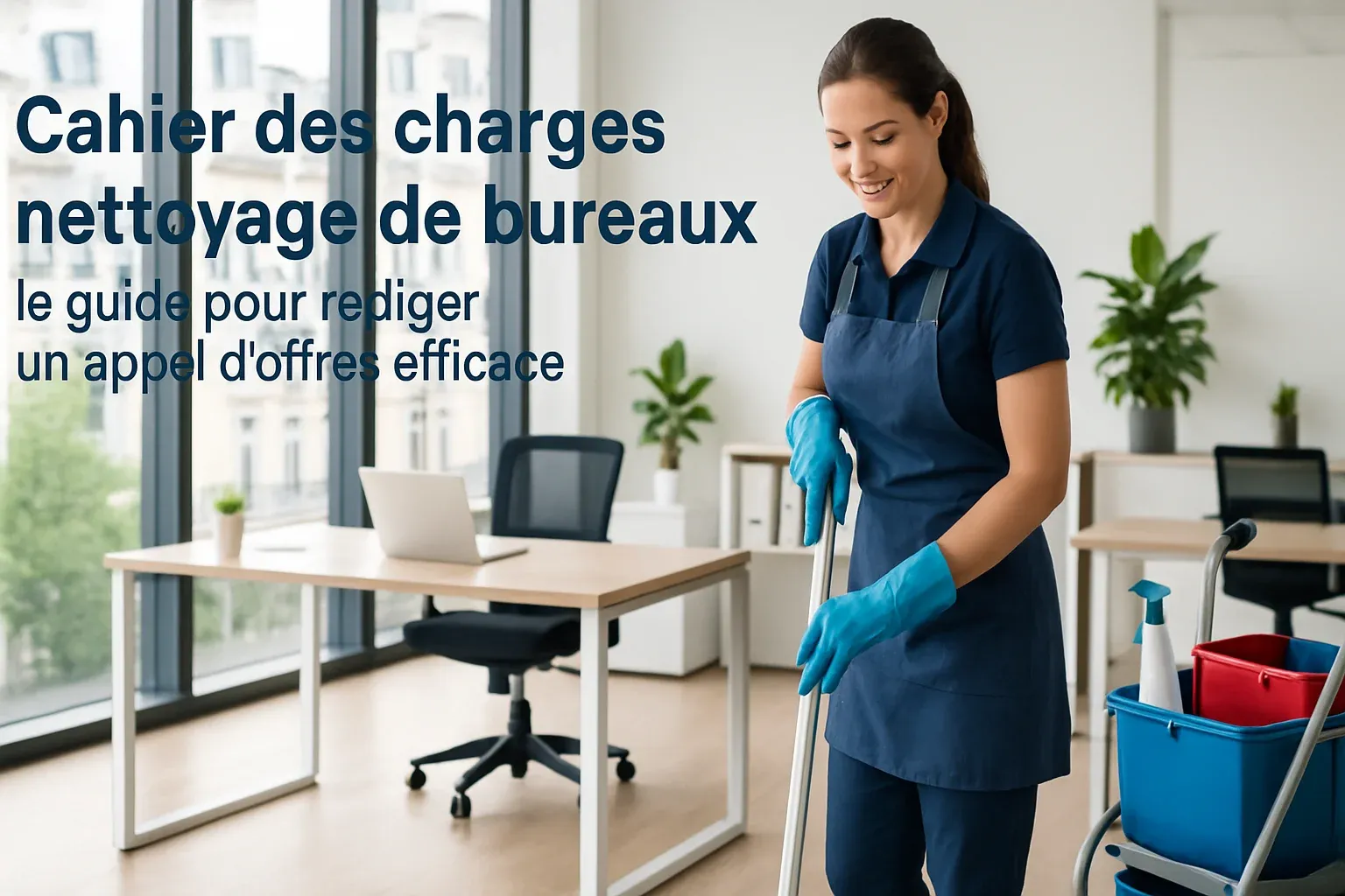 Cahier des charges et documents de nettoyage de bureaux posés sur un bureau à Paris