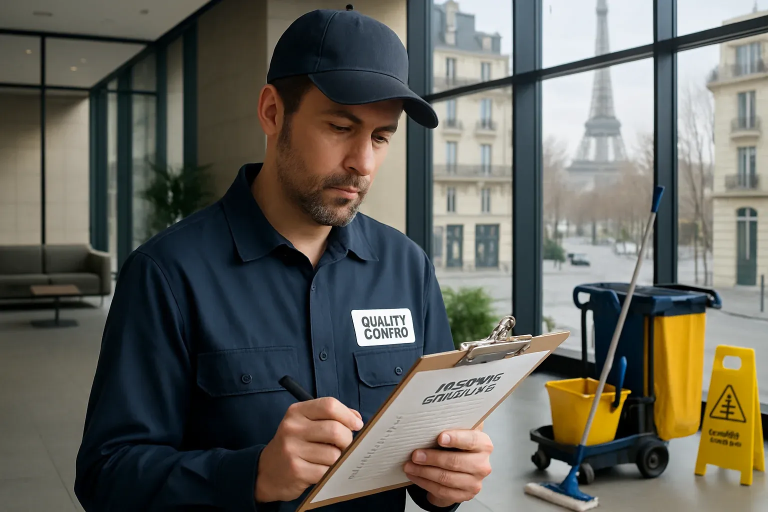 Responsable qualité contrôlant un protocole de nettoyage certifié ISO dans un immeuble de bureaux à Paris