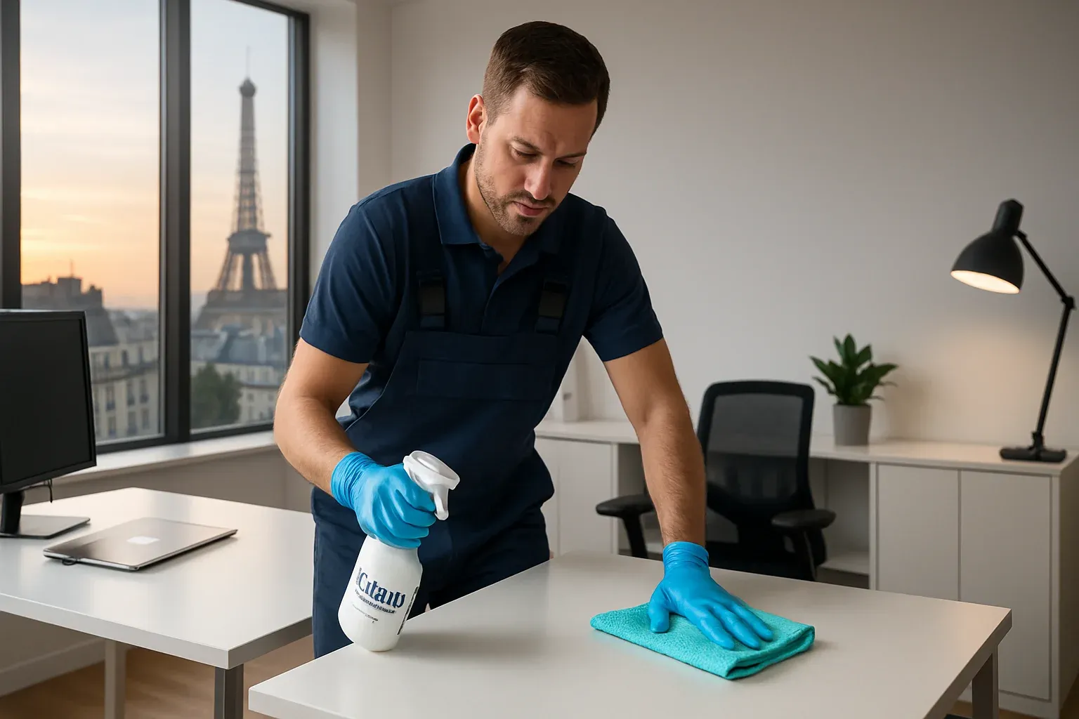 Agent EPALZEO désinfectant un bureau entièrement dégagé grâce à la politique du clean desk