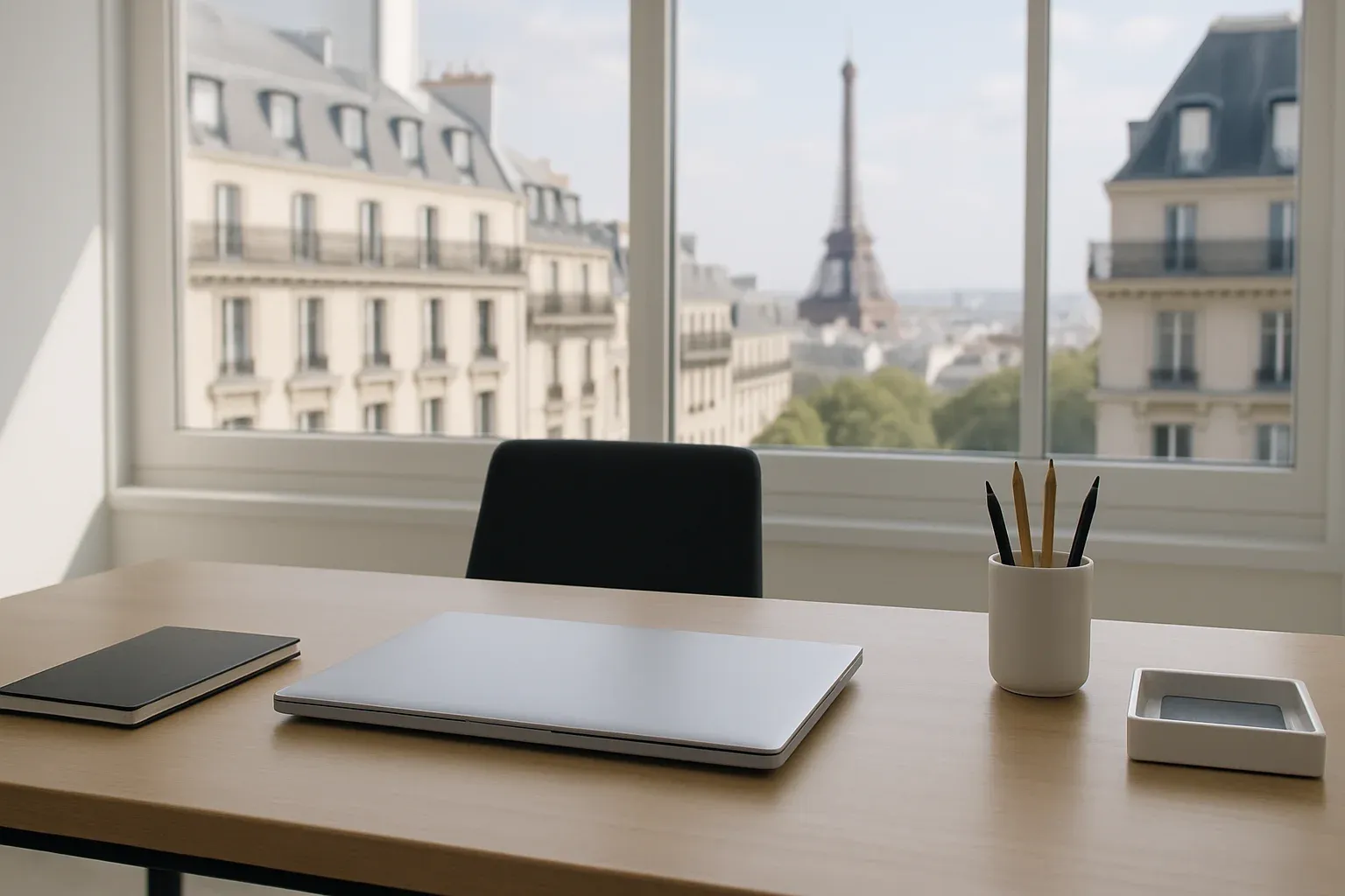 Bureau dégagé et ordonné appliquant la politique du clean desk dans des locaux professionnels modernes à Paris