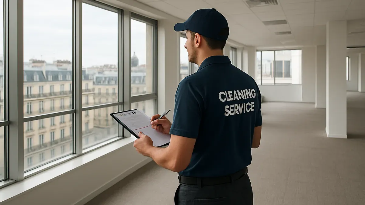 Responsable nettoyage réalisant une visite technique avant devis dans des bureaux parisiens