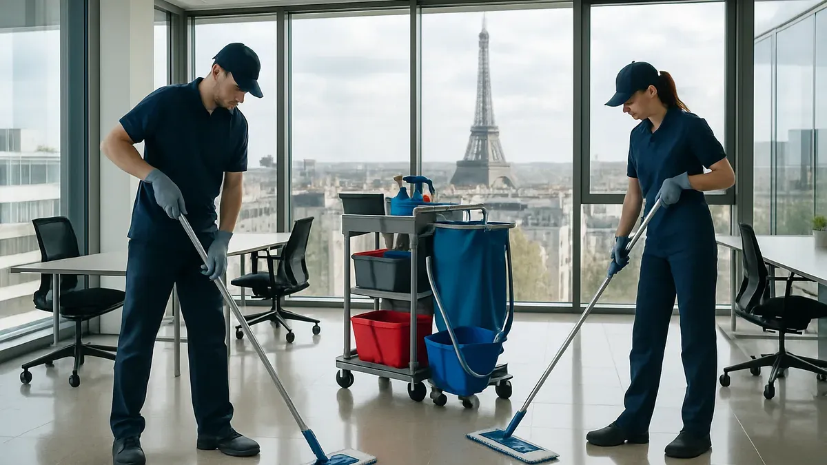 Équipe professionnelle de nettoyage dans des bureaux parisiens modernes