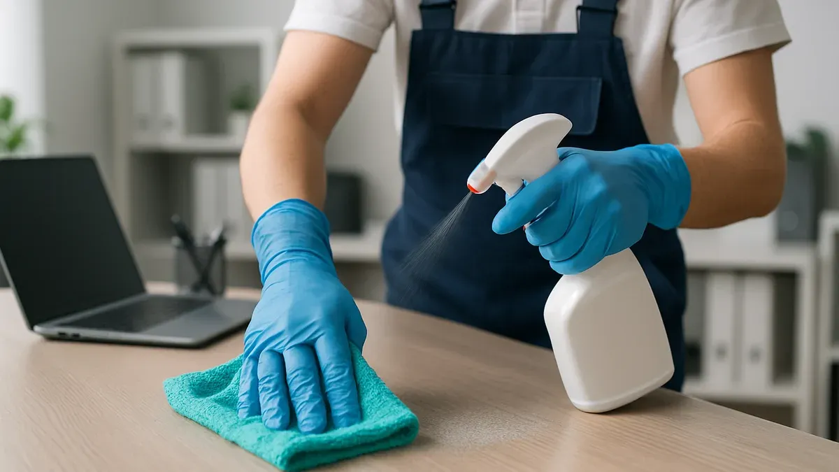 Agent de nettoyage professionnel désinfectant les surfaces d'un bureau parisien moderne