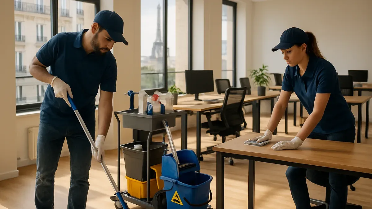 Équipe de nettoyage professionnel intervenant dans des bureaux modernes à Paris