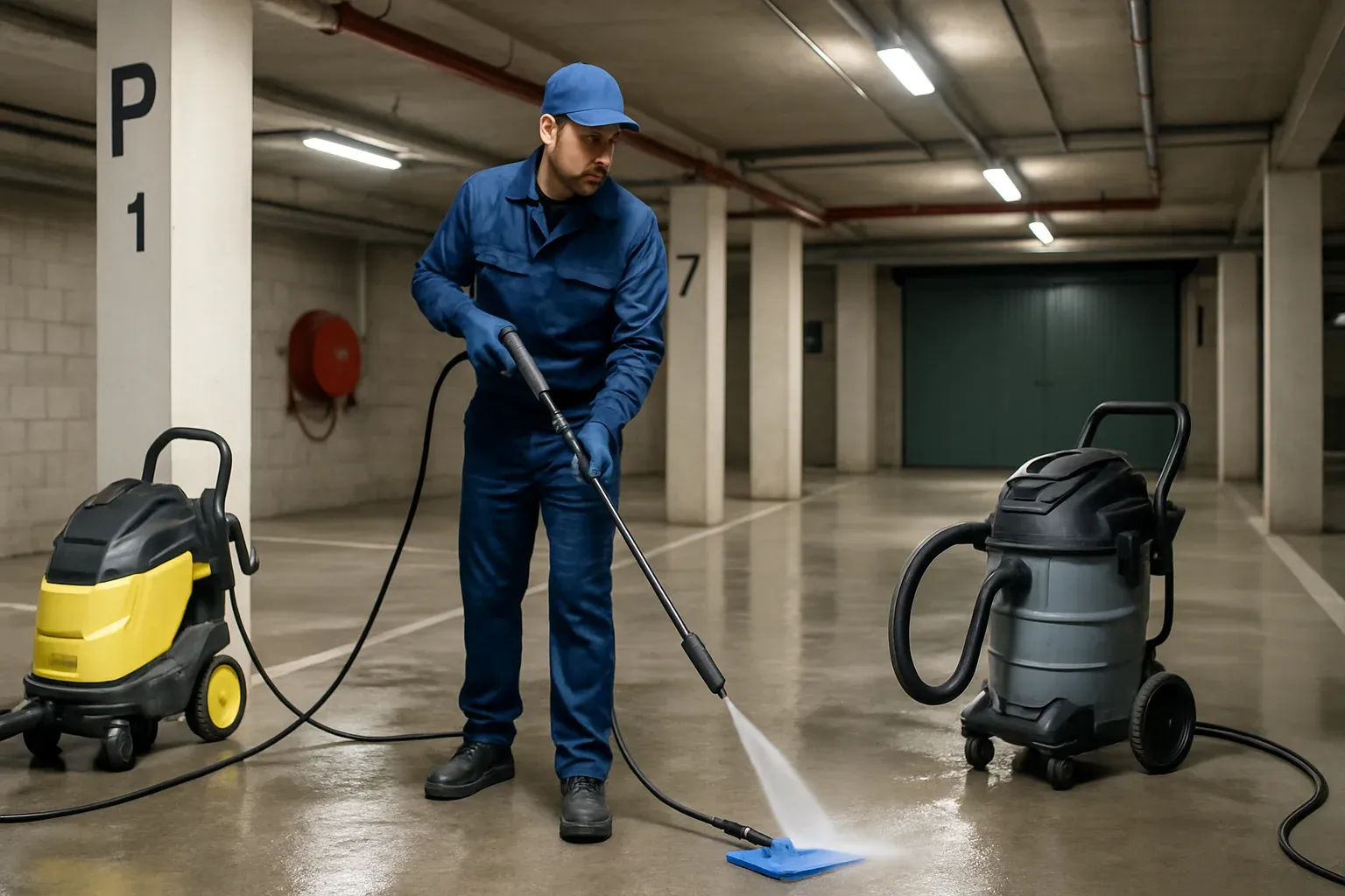Agent d'entretien professionnel nettoyant au jet haute pression le sol d'un parking souterrain d'immeuble
