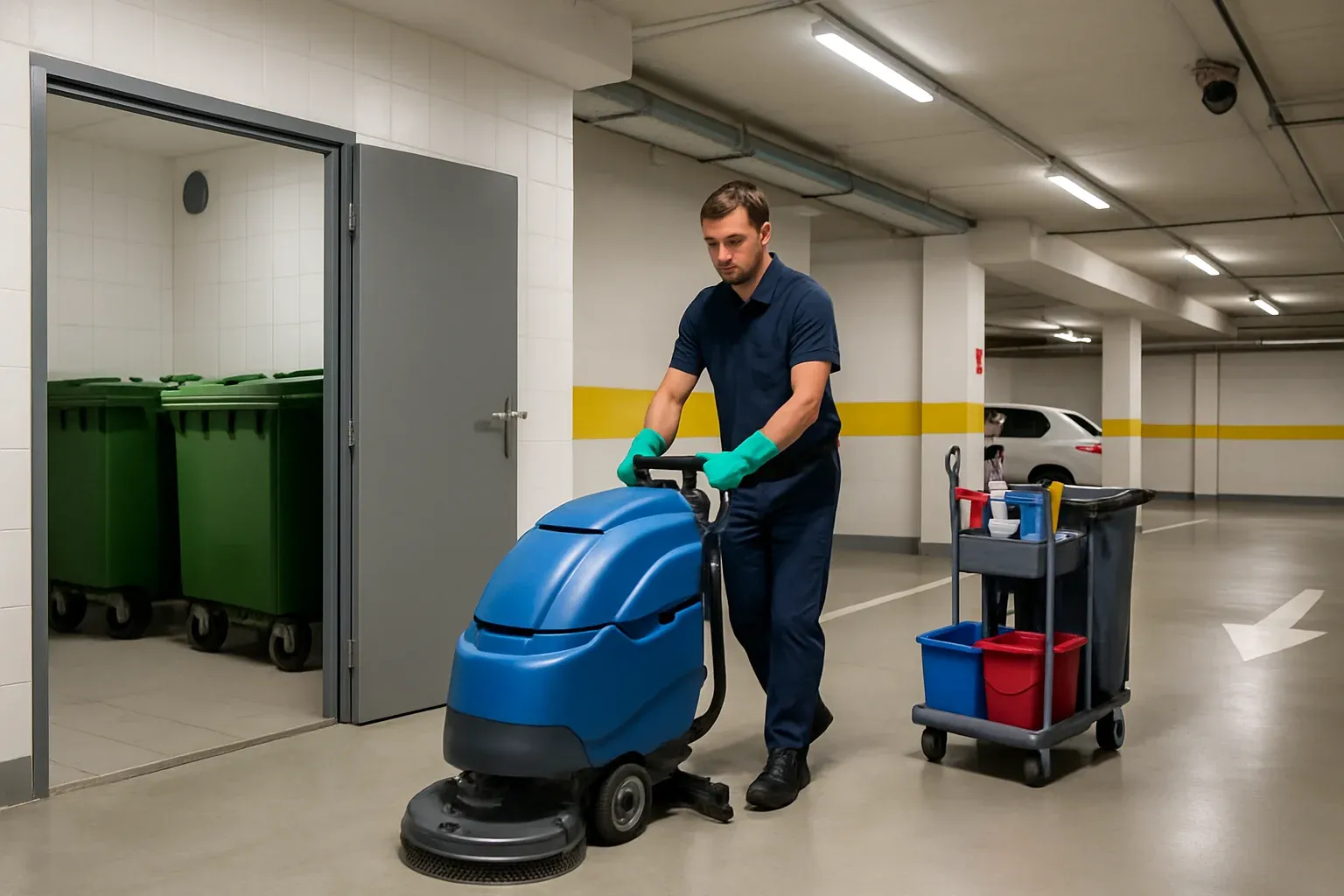 Agent d'entretien nettoyant le sol d'un parking souterrain de copropriété à Paris