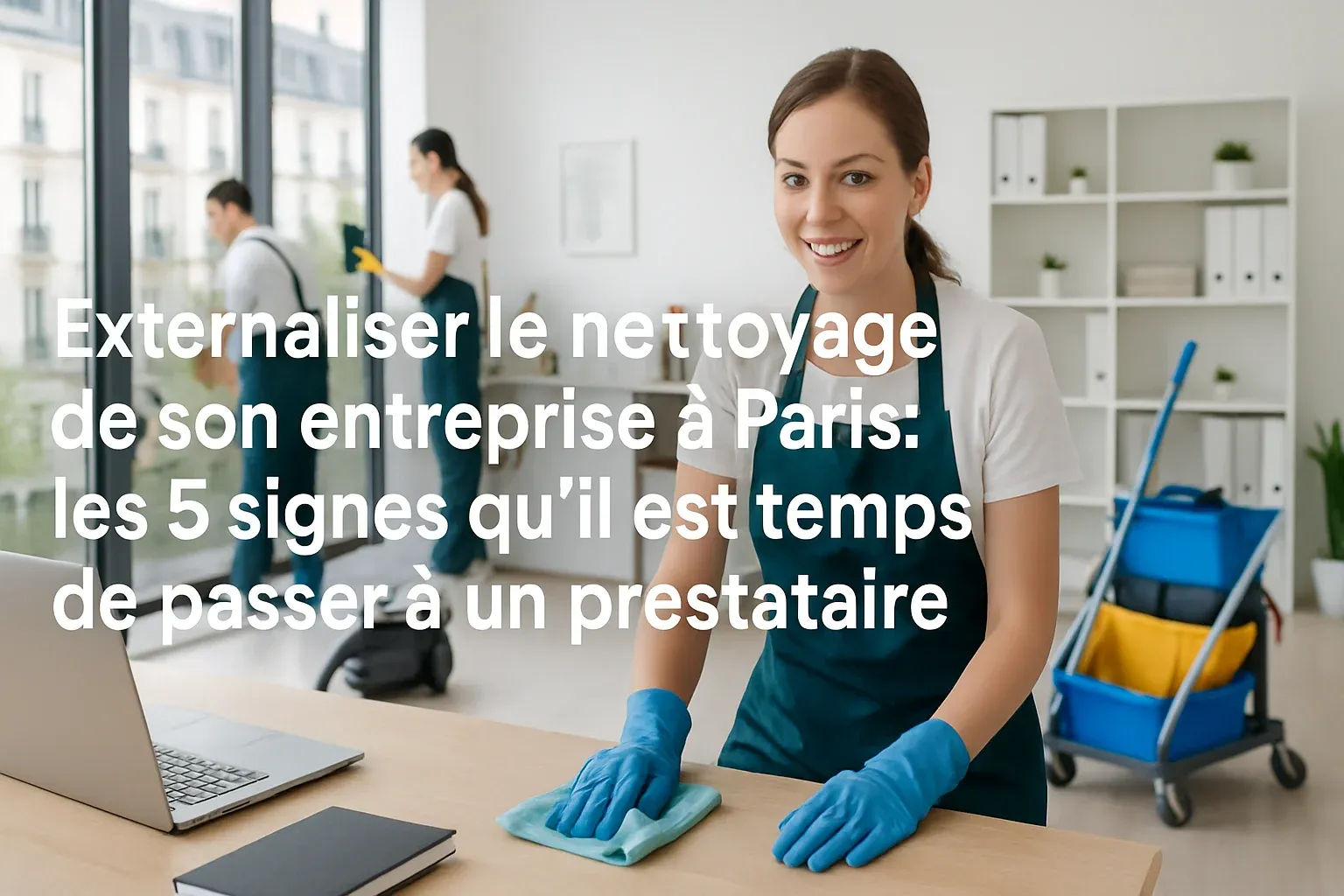 Agent de nettoyage professionnel entretenant un bureau moderne à Paris