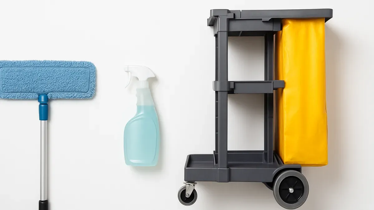 Balai trapèze professionnel avec tête microfibre et spray capteur de poussières sur chariot de nettoyage