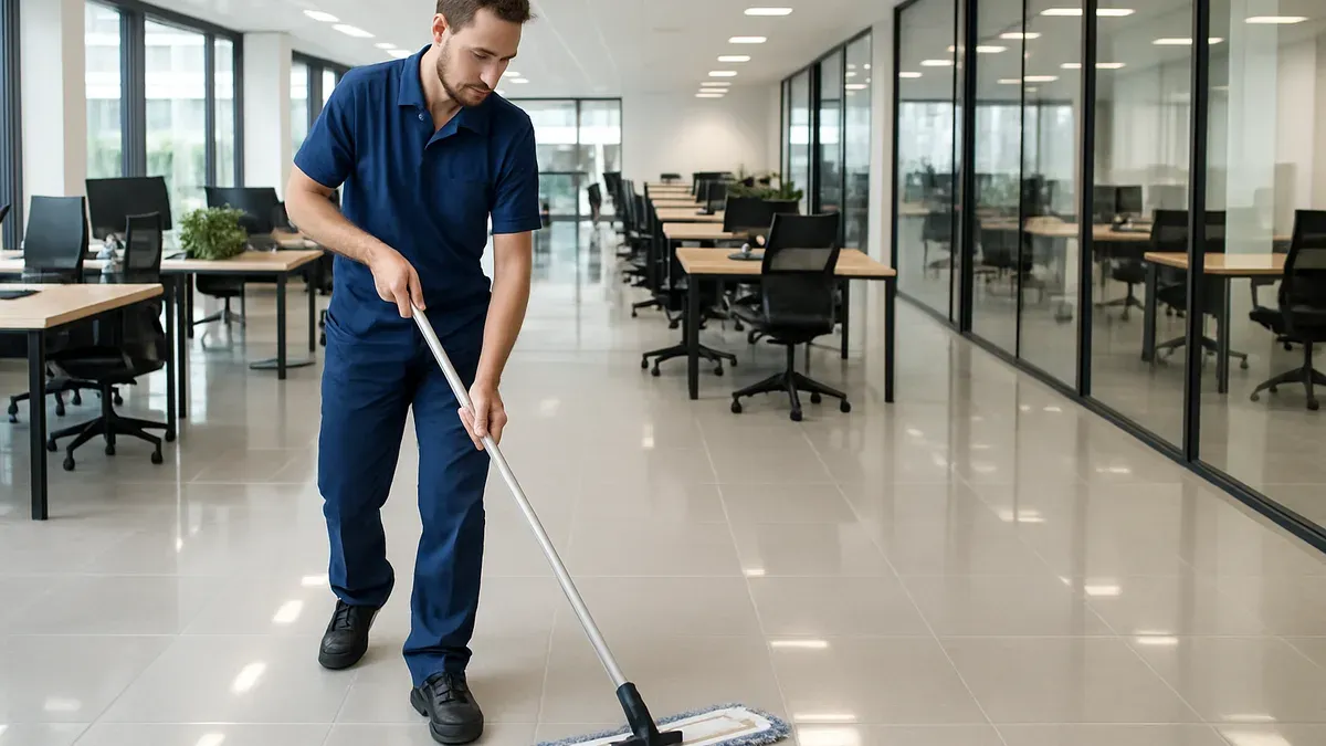 Agent de nettoyage professionnel réalisant un balayage humide avec un balai trapèze microfibre dans un open space