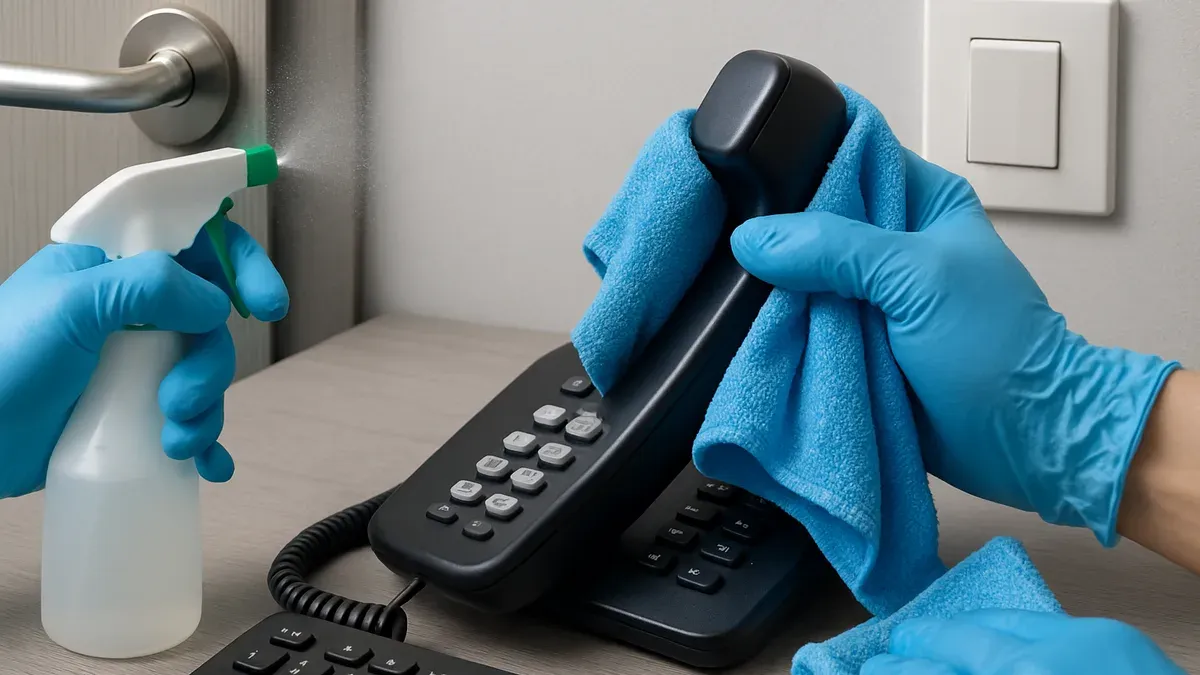 Désinfection des surfaces de contact fréquent : poignée de porte, clavier, téléphone et interrupteur dans un bureau