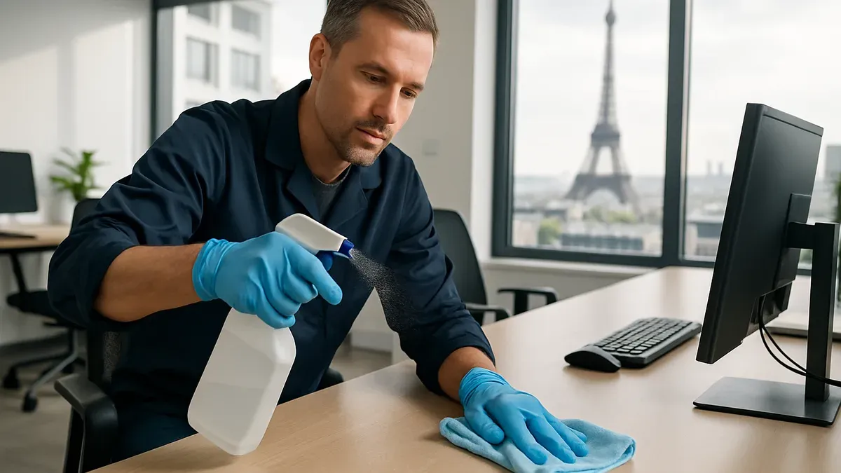 Agent de nettoyage professionnel désinfectant les surfaces de contact dans un bureau parisien