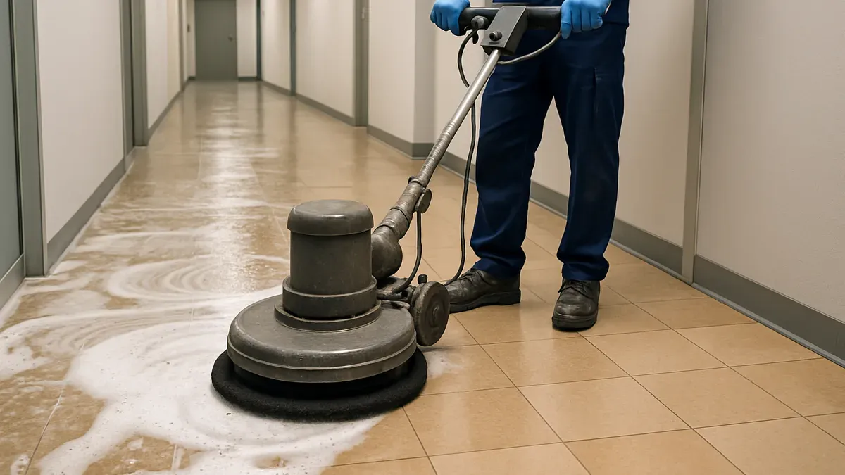 Opération de décapage et remise en protection d'un sol PVC dans un couloir de bureaux parisiens