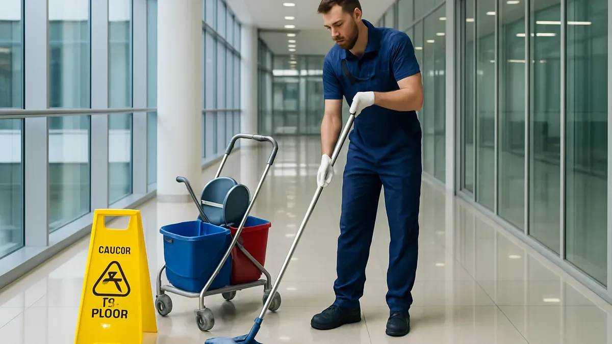 Agent de nettoyage professionnel réalisant un lavage manuel au faubert dans un couloir de bureaux