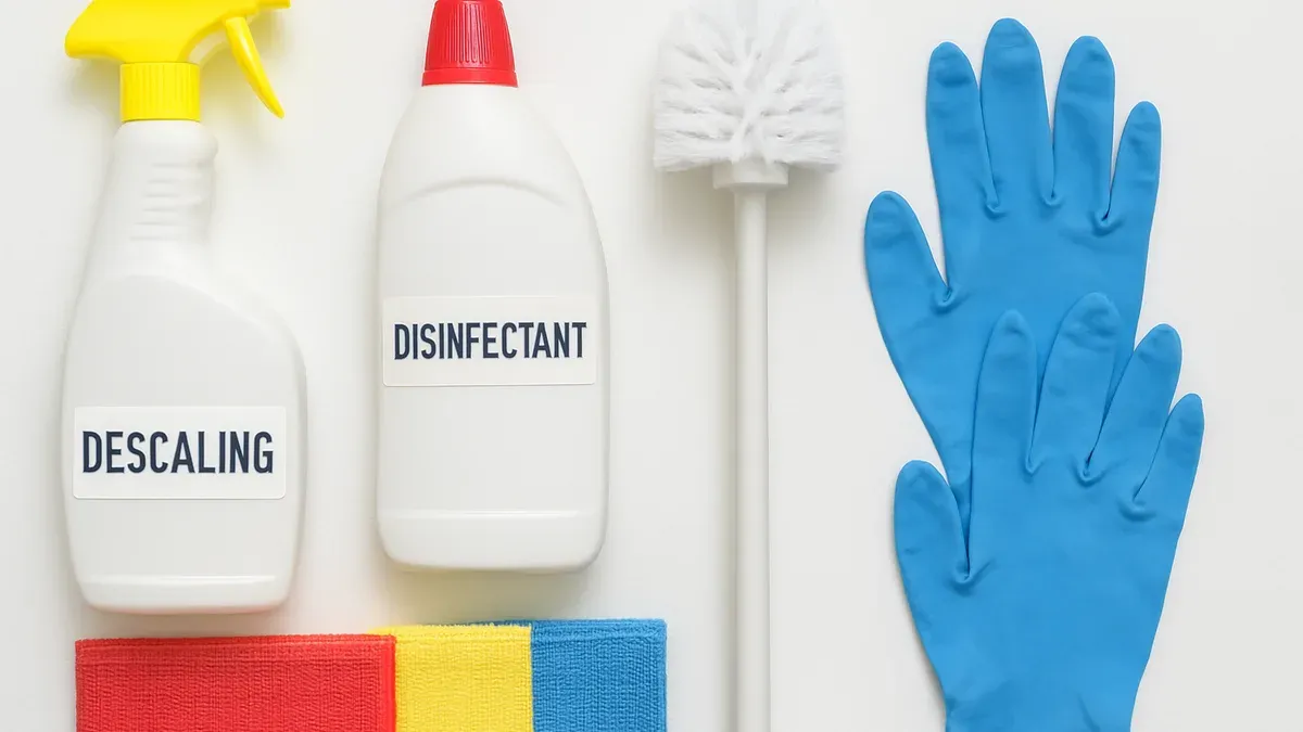 Produits de nettoyage professionnels pour sanitaires : détartrant, désinfectant, brosse WC et chiffons code couleur