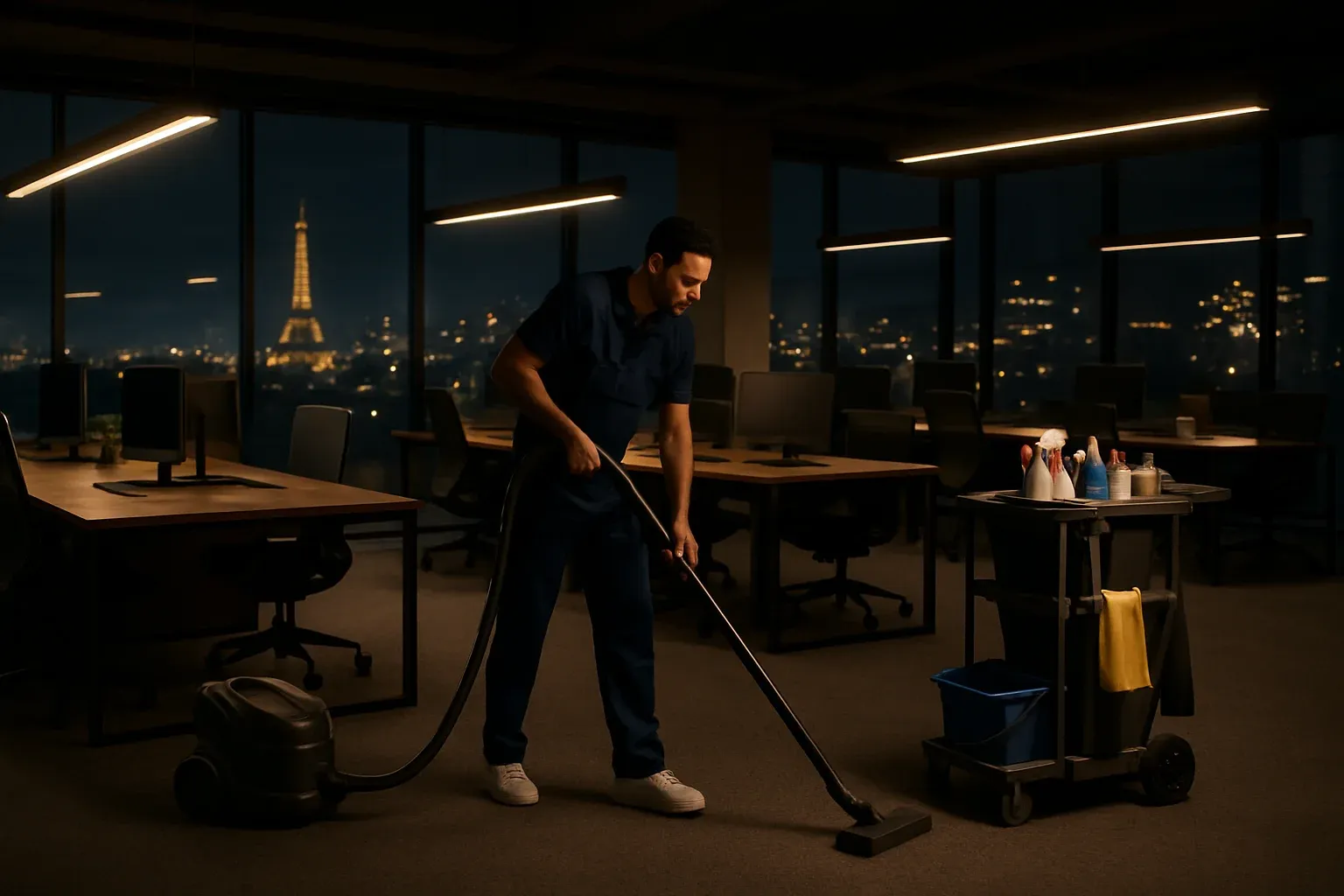Agent de nettoyage effectuant l'entretien de bureaux vides la nuit à Paris