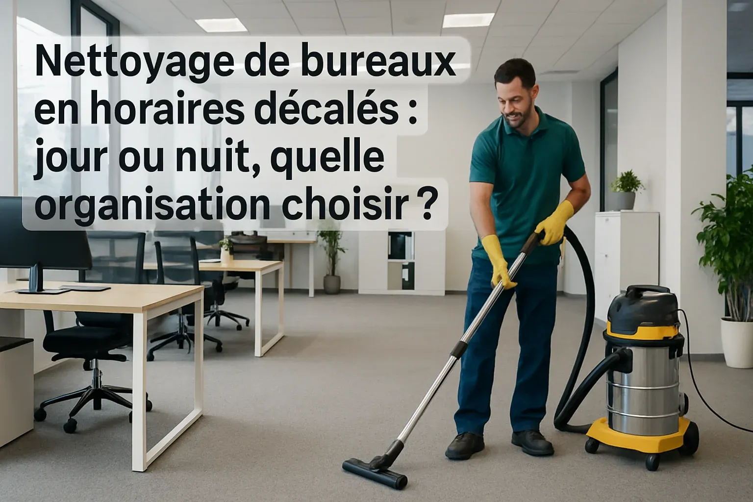 Agent de nettoyage professionnel entretenant des bureaux parisiens en horaires décalés