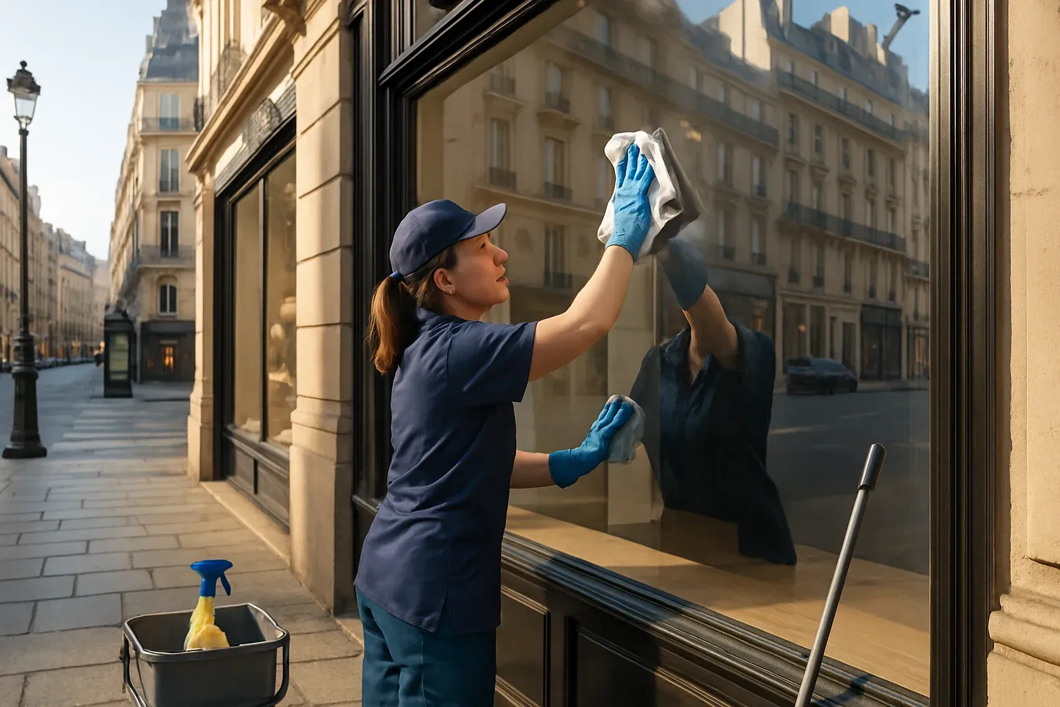 Agent d'entretien nettoyant la vitrine d'une boutique parisienne