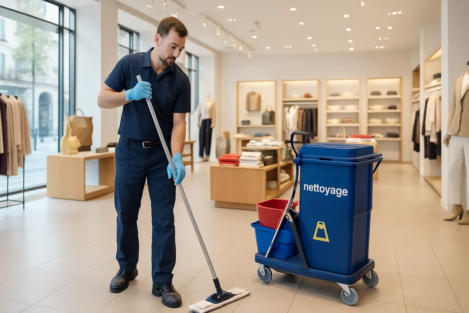Agent de nettoyage professionnel entretenant une boutique parisienne avant l'ouverture