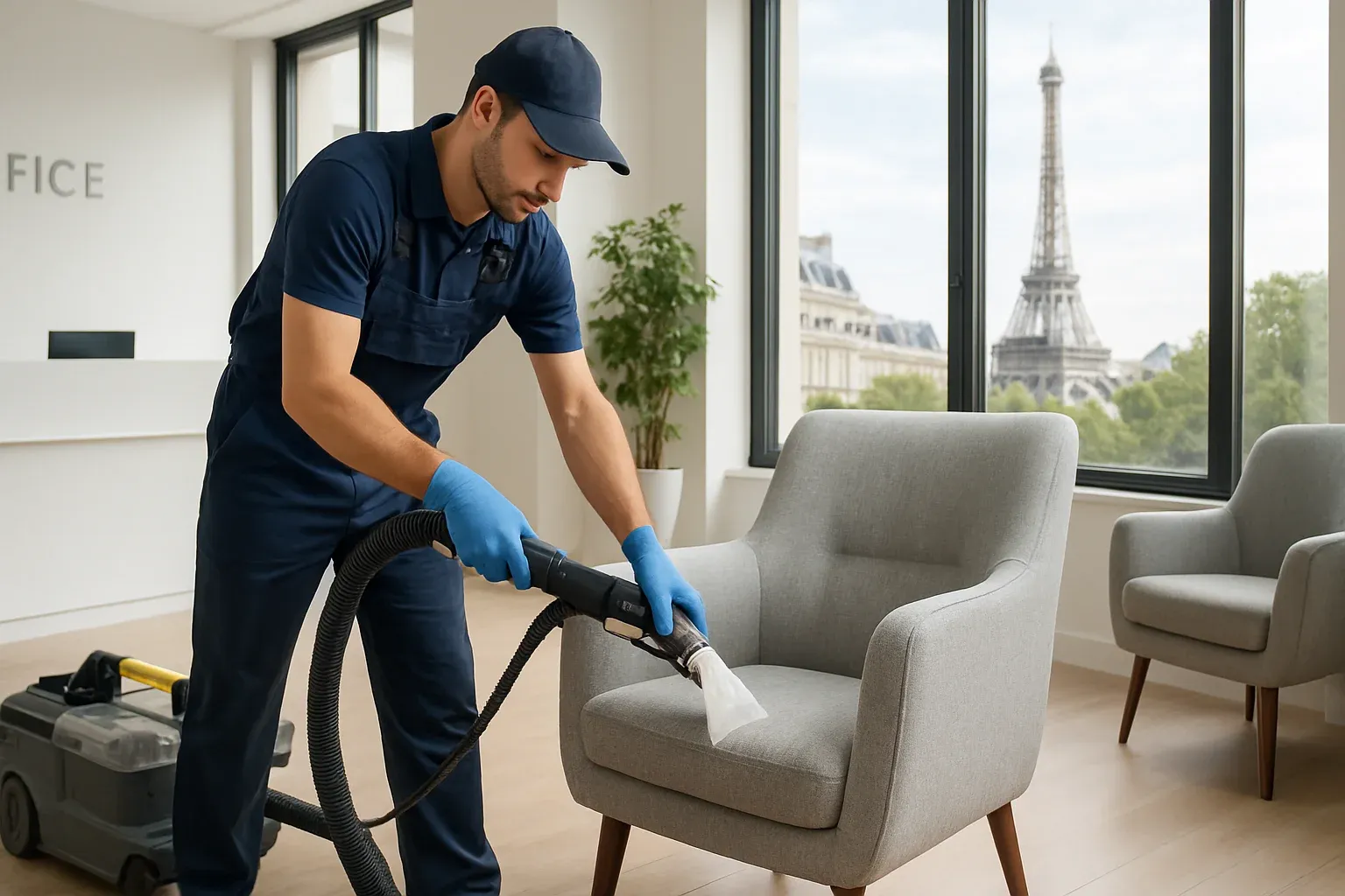 Agent EPALZEO nettoyant un fauteuil d'accueil en tissu dans des bureaux modernes à Paris avec une machine d'injection-extraction