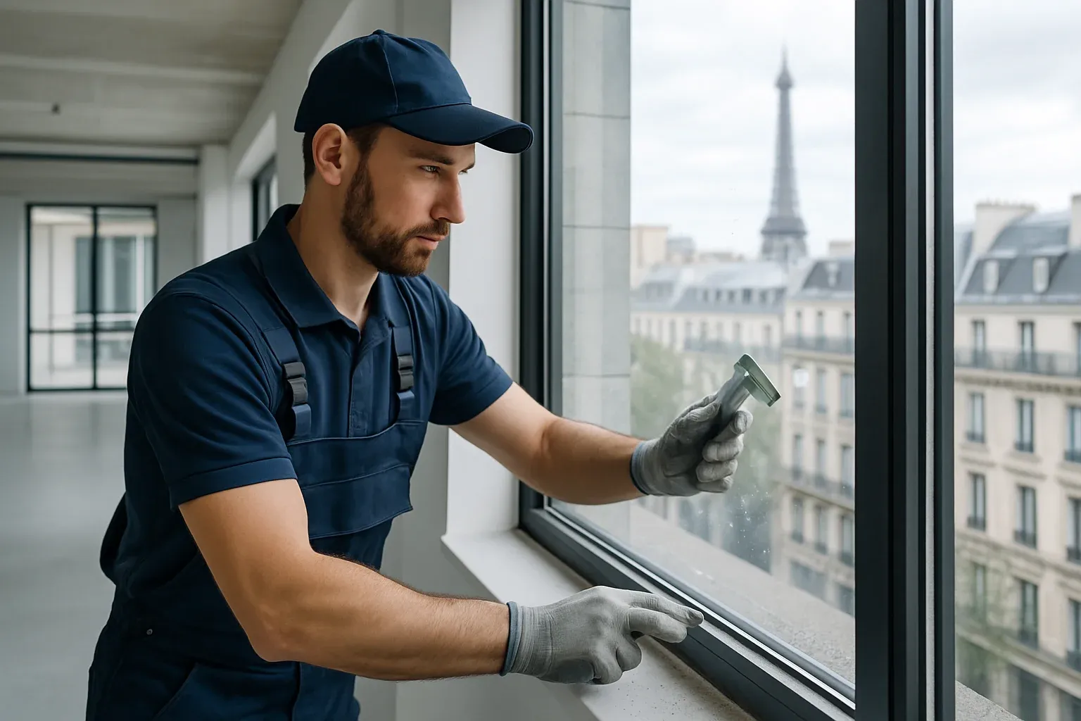 Nettoyage des vitres et retrait des traces de peinture en fin de chantier dans des bureaux neufs