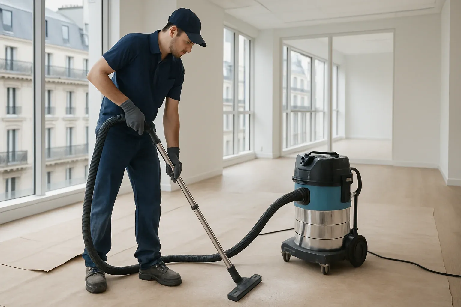 Agent EPALZEO effectuant le nettoyage de fin de chantier d'un plateau de bureaux parisien, aspirateur professionnel et sol protégé
