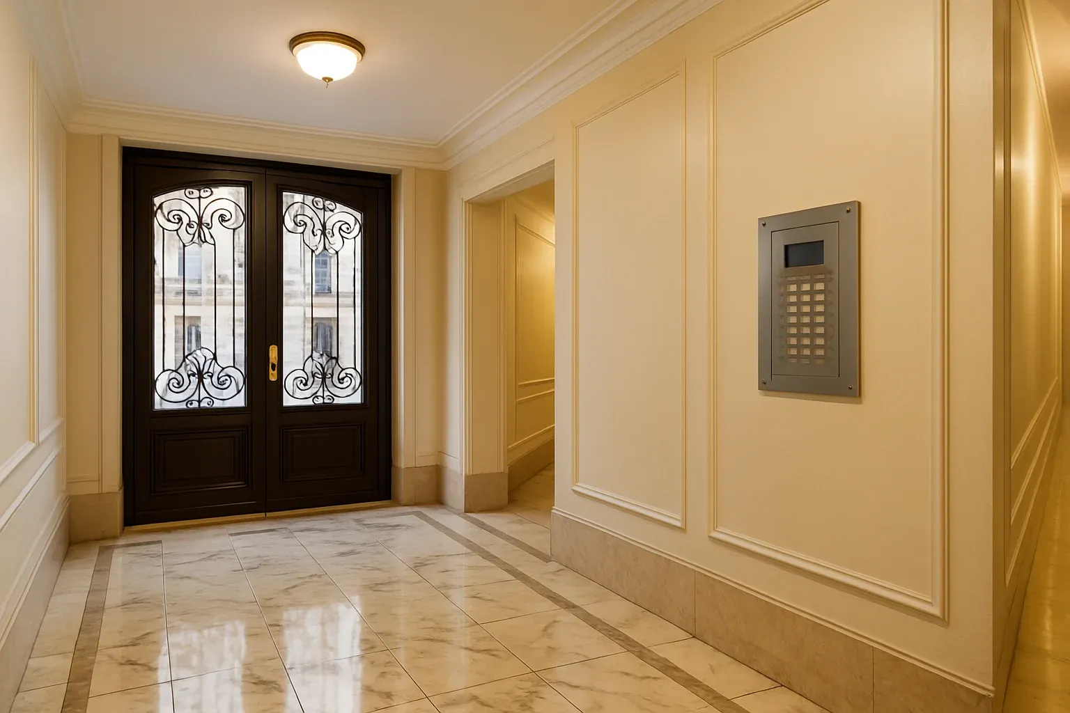 Hall d'immeuble propre et soigné à Paris, parties communes entretenues par un professionnel