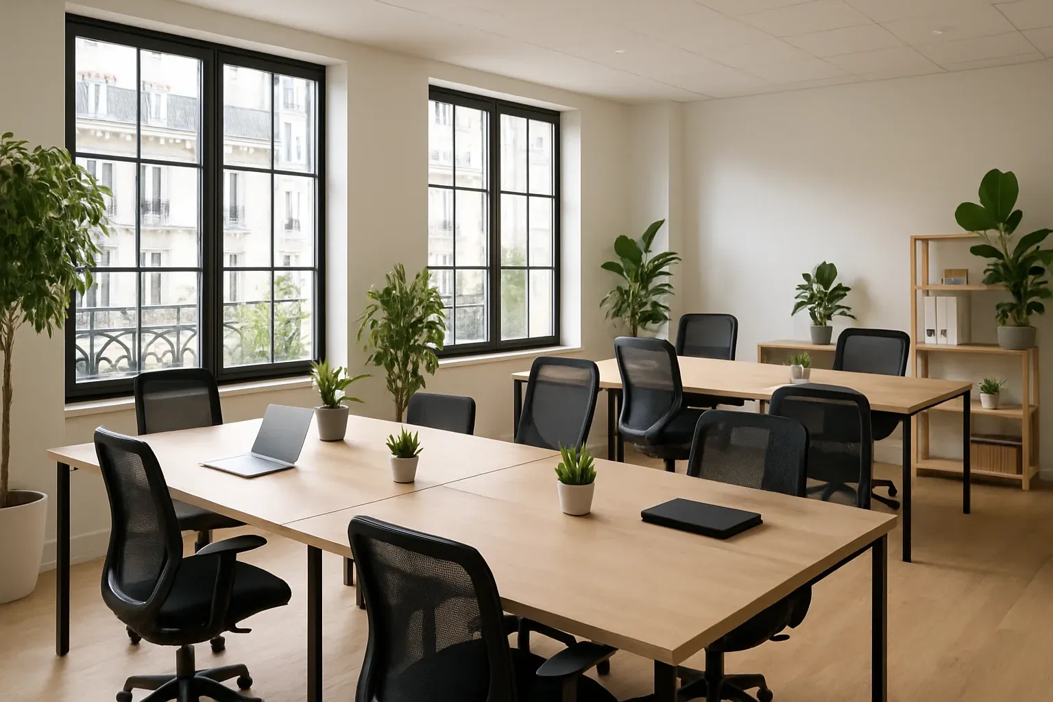 Espace de coworking moderne et propre à Paris, bureaux partagés bien entretenus avec lumière naturelle