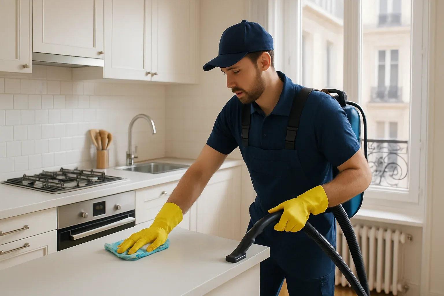 Agent de nettoyage professionnel effectuant la remise en état d'une cuisine parisienne avant location