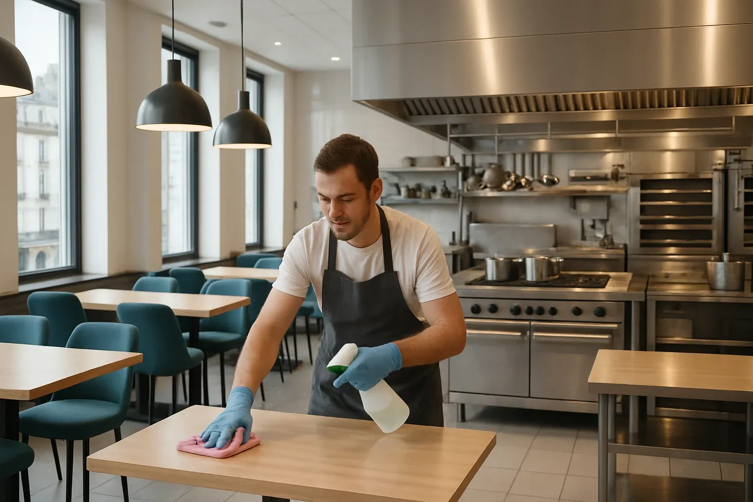 Cuisine de restaurant professionnelle nettoyée selon les normes HACCP à Paris