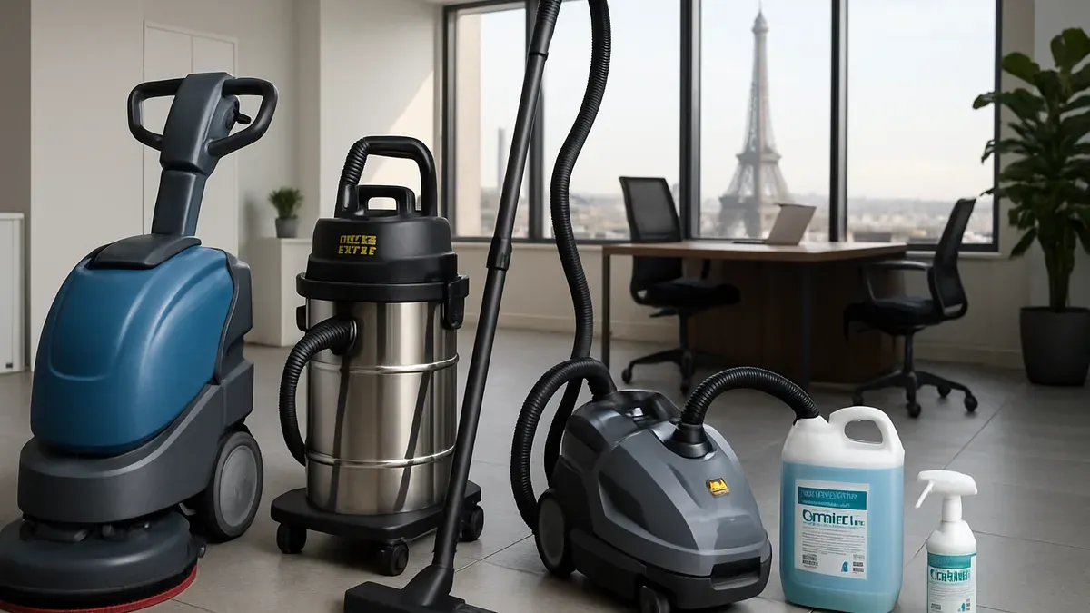 Matériel de nettoyage professionnel utilisé dans les bureaux parisiens