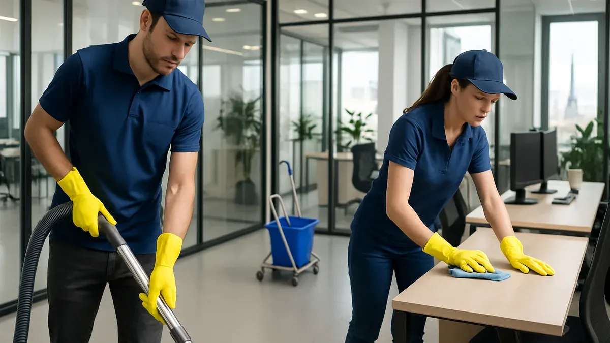Équipe de nettoyage professionnelle EPALZEO intervenant dans des bureaux modernes à Paris