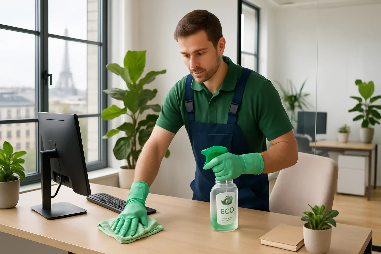 Agent EPALZEO utilisant des produits de nettoyage écologiques dans des bureaux modernes à Paris