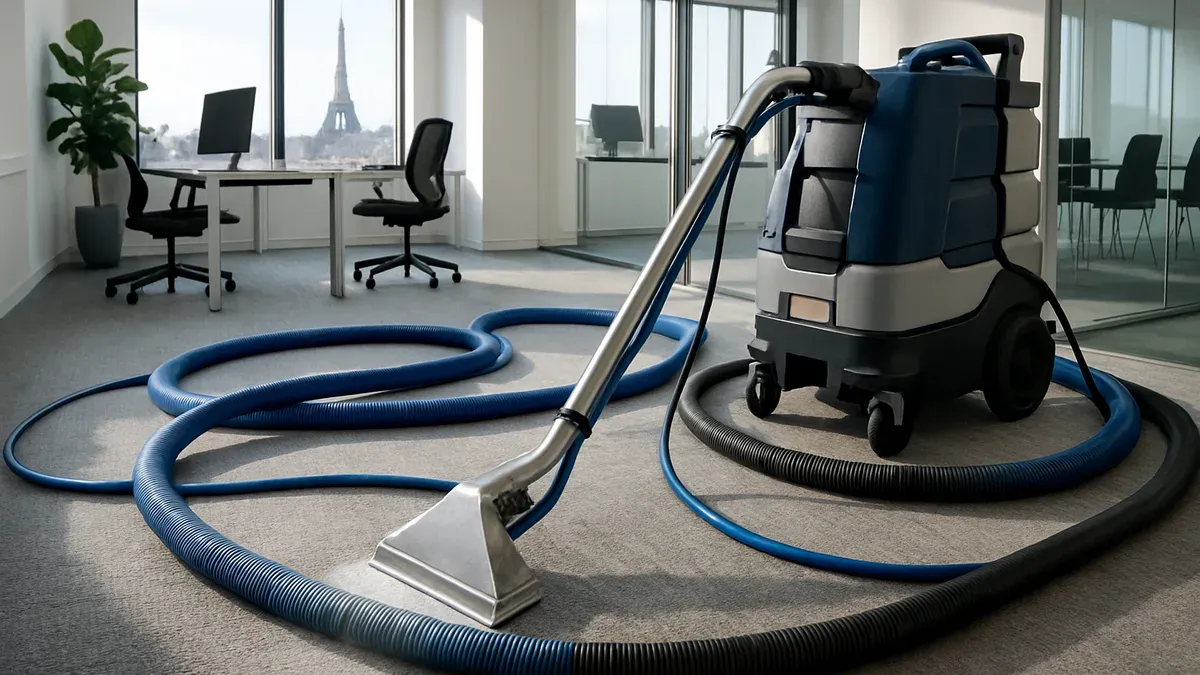 Machine d'extraction professionnelle en action sur une moquette de bureau à Paris