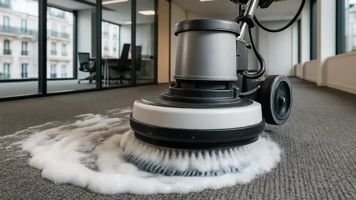 Shampouineuse moquette professionnelle en action dans des bureaux parisiens